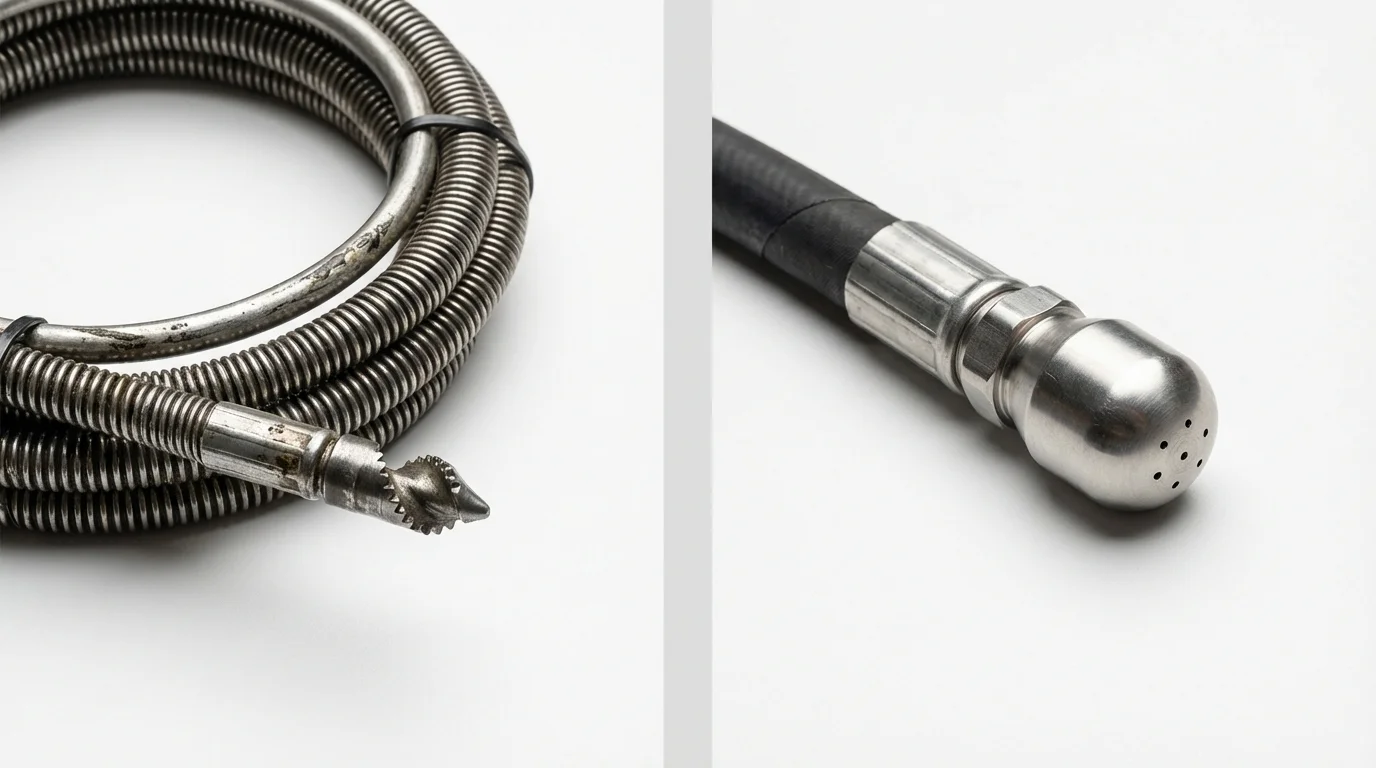 Drain snake cable and hydro jetting nozzle used for drain cleaning in Auburn, NH