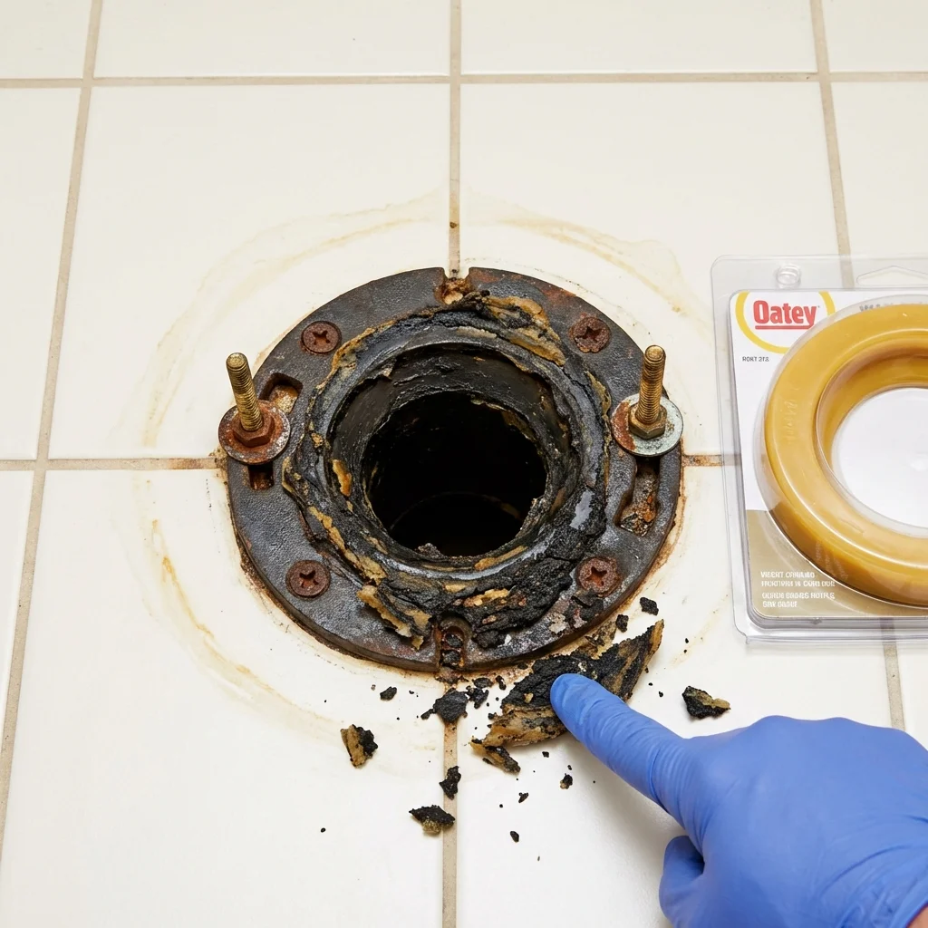 Failed wax ring showing water seepage at the base of a toilet in a Auburn, NH home
