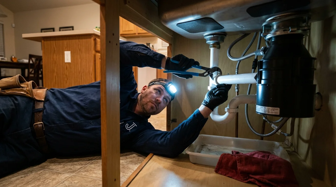 P-trap and supply line connections under a kitchen sink showing a common leak point in Auburn, NH